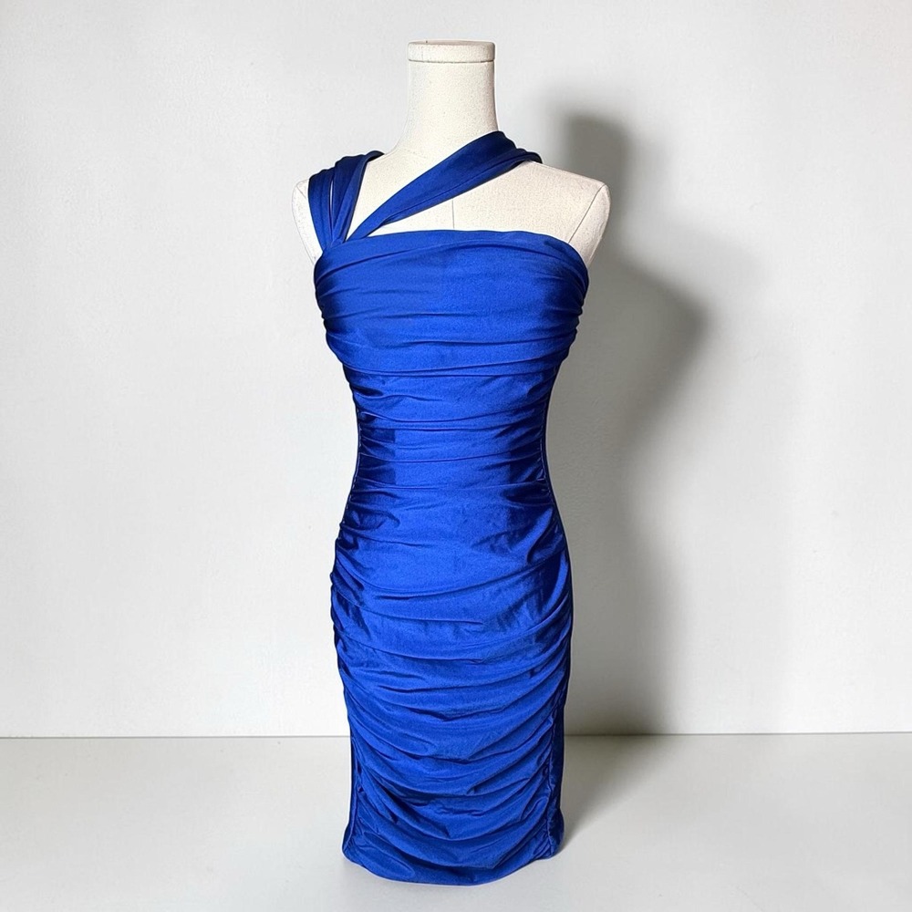 Atria Clothing One Shoulder Cross Strap Ruched‎ Bodycon Dress Blue Medium